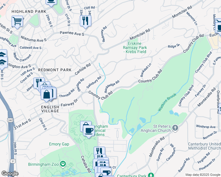 map of restaurants, bars, coffee shops, grocery stores, and more near 3212 Country Club Road in Birmingham