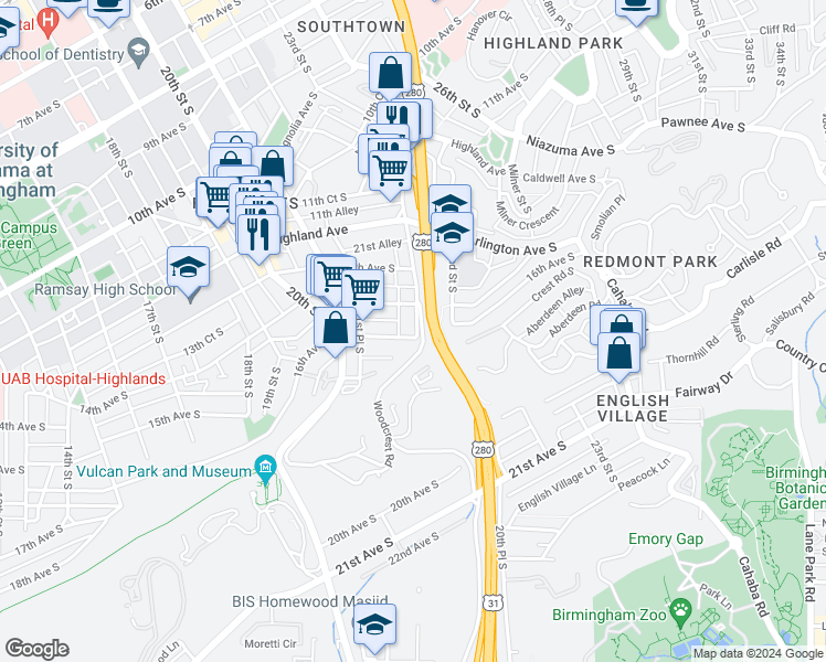 map of restaurants, bars, coffee shops, grocery stores, and more near 2152 16th Avenue South in Birmingham