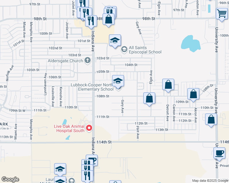 map of restaurants, bars, coffee shops, grocery stores, and more near 3202 108th Street in Lubbock