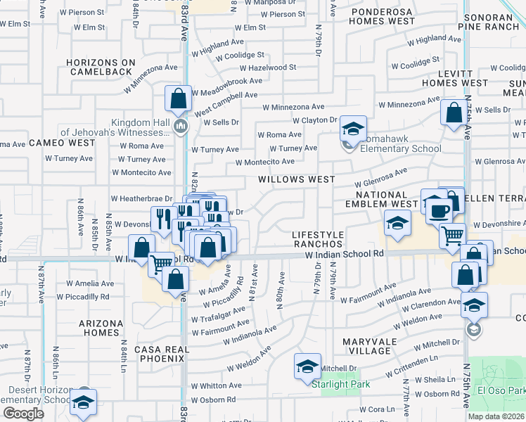 map of restaurants, bars, coffee shops, grocery stores, and more near 4160 North 81st Avenue in Phoenix