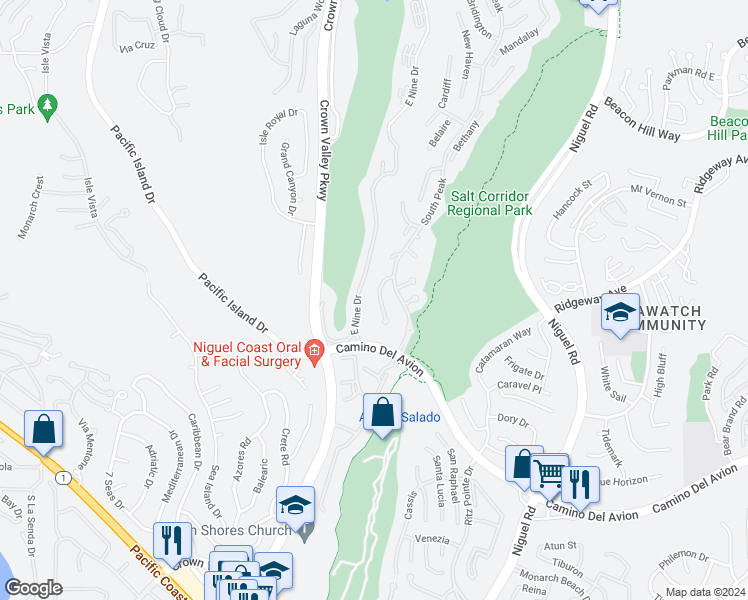 map of restaurants, bars, coffee shops, grocery stores, and more near 23 South Peak in Laguna Niguel