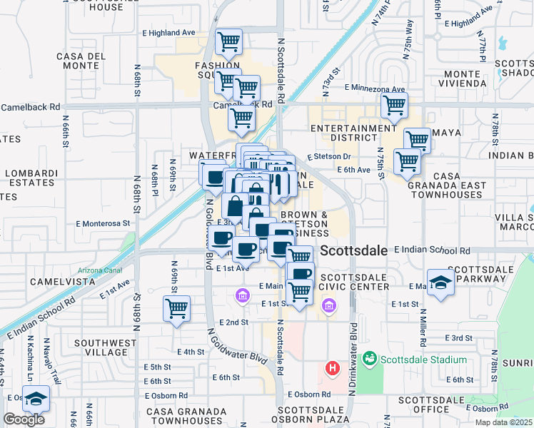 map of restaurants, bars, coffee shops, grocery stores, and more near 7178 East 3rd Avenue in Scottsdale