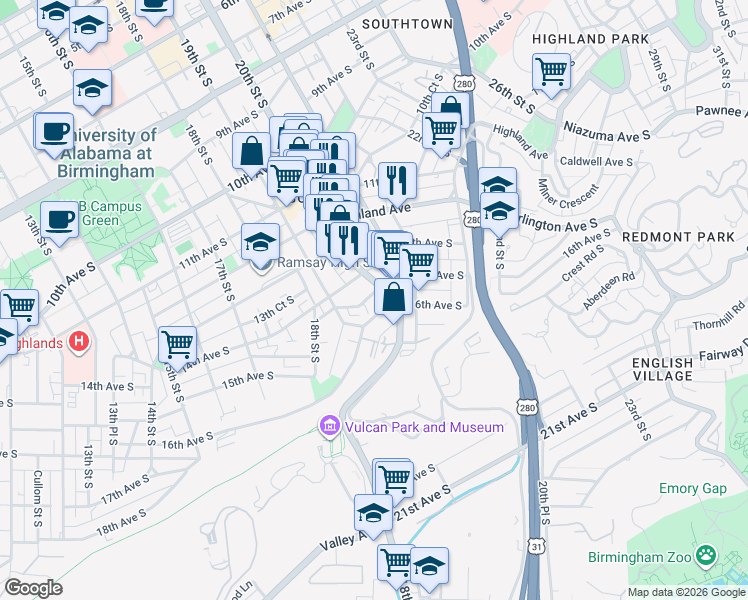 map of restaurants, bars, coffee shops, grocery stores, and more near 1931 15th Avenue South in Birmingham