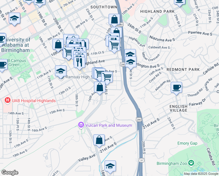 map of restaurants, bars, coffee shops, grocery stores, and more near 2124 16th Avenue South in Birmingham