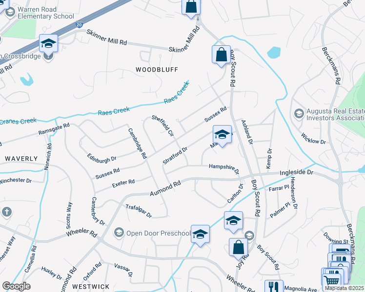 map of restaurants, bars, coffee shops, grocery stores, and more near 2931 Stratford Drive in Augusta