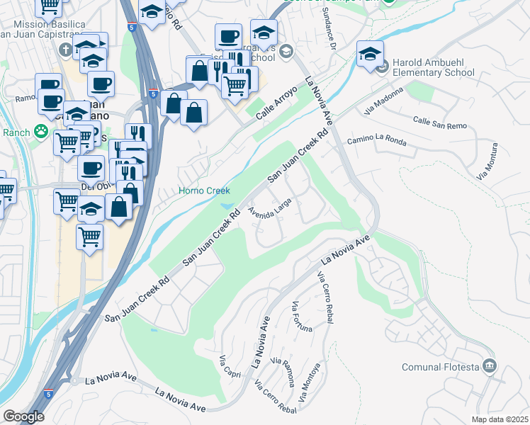 map of restaurants, bars, coffee shops, grocery stores, and more near 27461 Avenida Larga in San Juan Capistrano