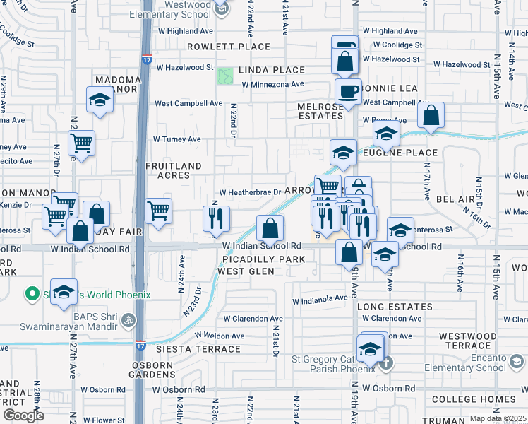 map of restaurants, bars, coffee shops, grocery stores, and more near 2139 West Devonshire Avenue in Phoenix