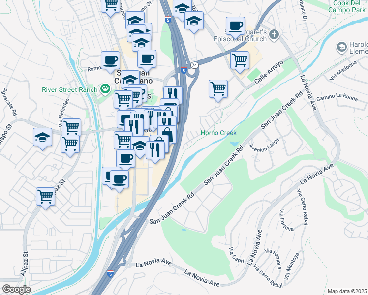 map of restaurants, bars, coffee shops, grocery stores, and more near San Juan Creek Trail in San Juan Capistrano