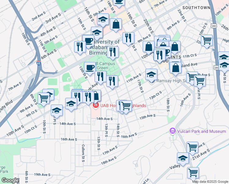 map of restaurants, bars, coffee shops, grocery stores, and more near 1431 11th Avenue South in Birmingham