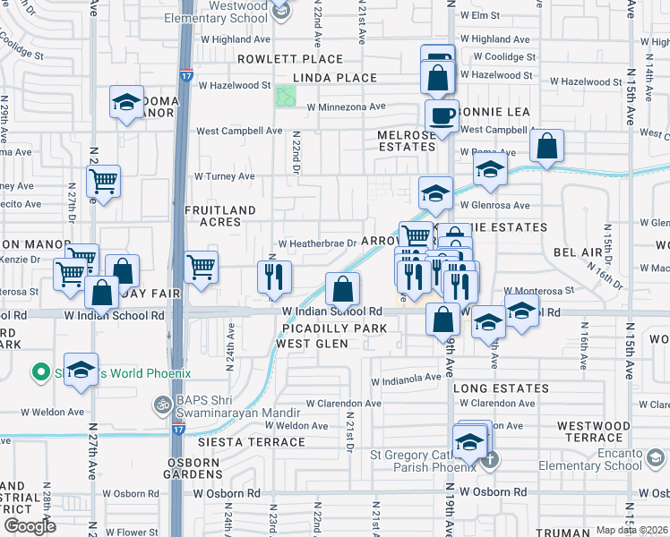 map of restaurants, bars, coffee shops, grocery stores, and more near 2139 West Devonshire Avenue in Phoenix