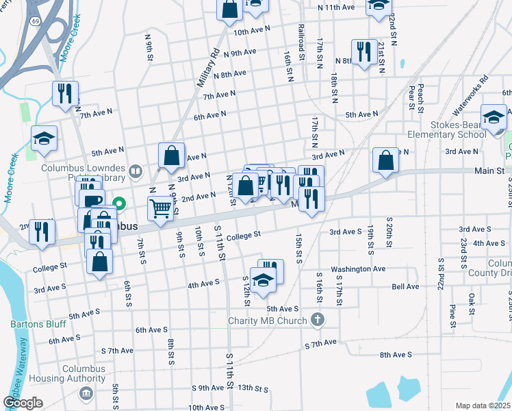 map of restaurants, bars, coffee shops, grocery stores, and more near 1201 Mississippi 182 in Columbus