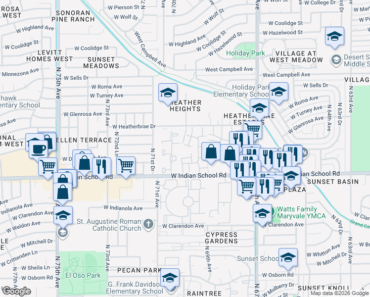 map of restaurants, bars, coffee shops, grocery stores, and more near 6935 West Devonshire Avenue in Phoenix
