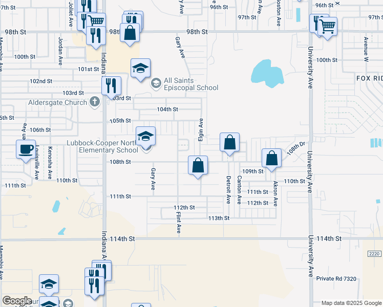 map of restaurants, bars, coffee shops, grocery stores, and more near 3004 108th Street in Lubbock