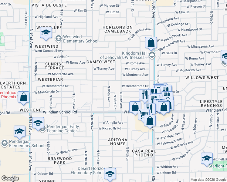 map of restaurants, bars, coffee shops, grocery stores, and more near 4216 North 85th Drive in Phoenix