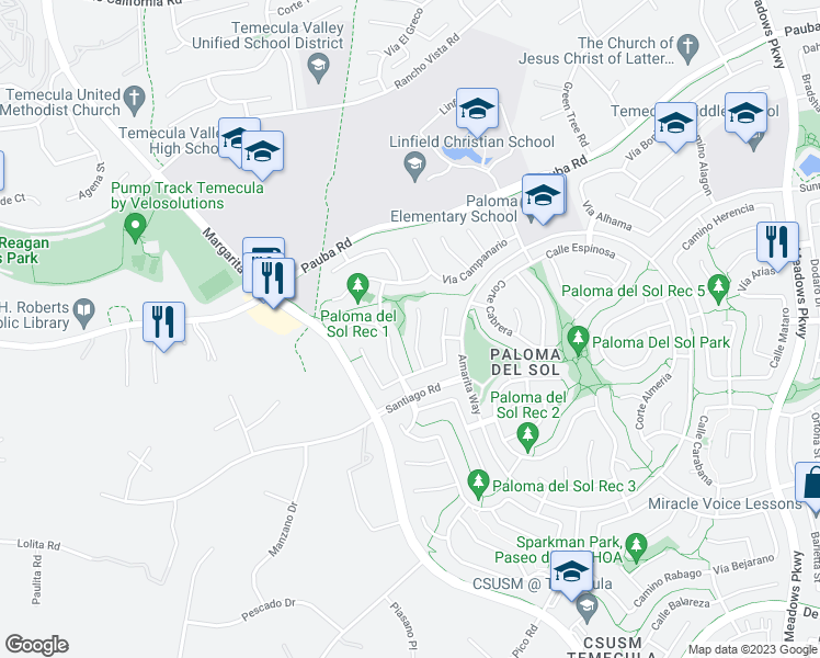 map of restaurants, bars, coffee shops, grocery stores, and more near 43127 Corte Calanda in Temecula