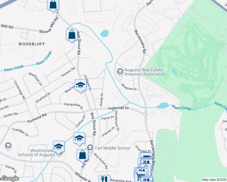 map of restaurants, bars, coffee shops, grocery stores, and more near 2713 Butler Place in Augusta