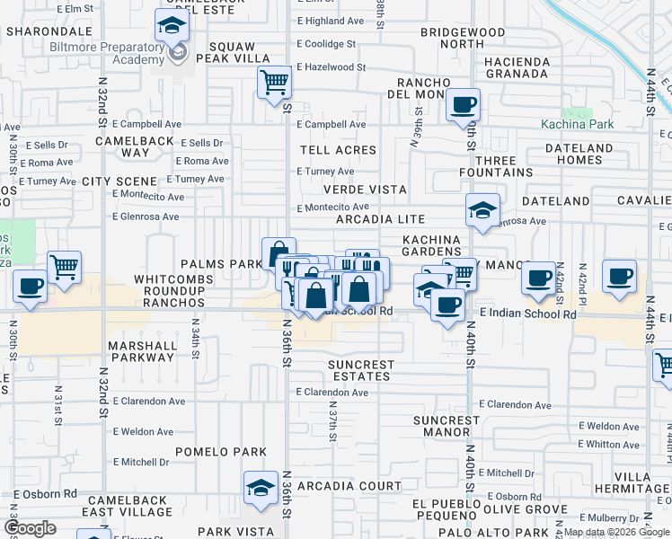 map of restaurants, bars, coffee shops, grocery stores, and more near 3637 East Monterosa Street in Phoenix