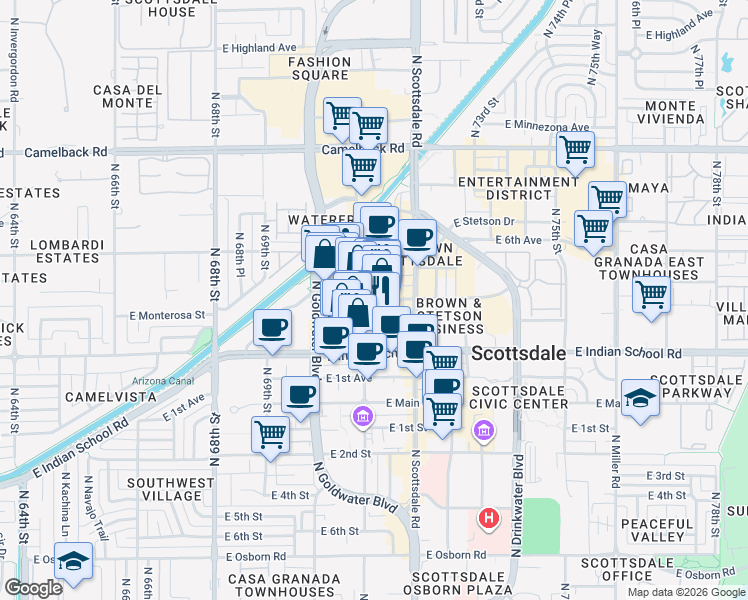 map of restaurants, bars, coffee shops, grocery stores, and more near 7070 East 3rd Avenue in Scottsdale