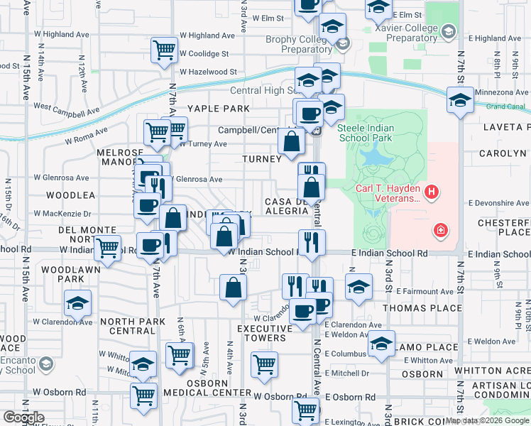 map of restaurants, bars, coffee shops, grocery stores, and more near 216 West Monterosa Street in Phoenix