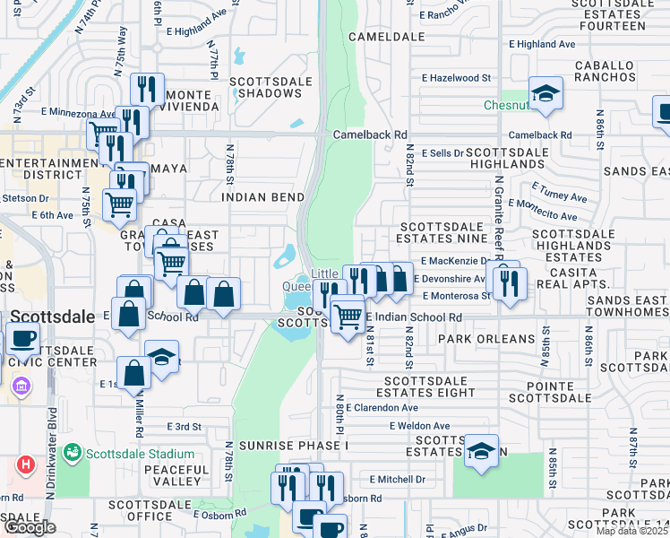 map of restaurants, bars, coffee shops, grocery stores, and more near 4289 North Hayden Road in Scottsdale