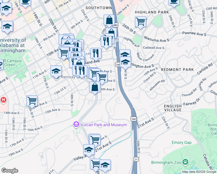 map of restaurants, bars, coffee shops, grocery stores, and more near 2136 16th Avenue South in Birmingham