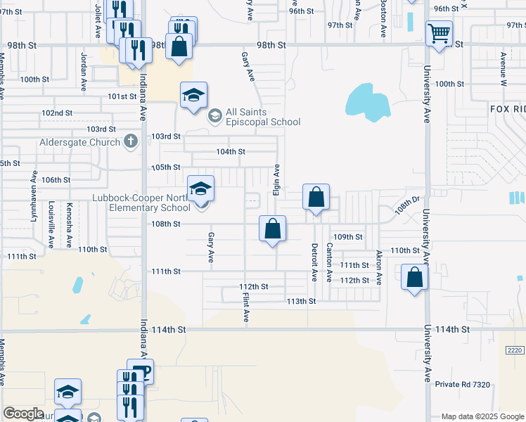 map of restaurants, bars, coffee shops, grocery stores, and more near 3004 108th Street in Lubbock
