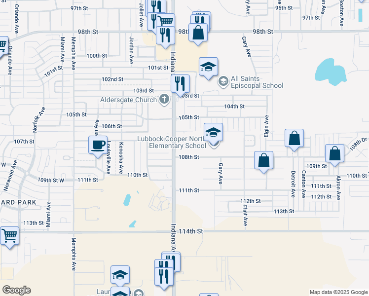 map of restaurants, bars, coffee shops, grocery stores, and more near 10711 Indiana Avenue in Lubbock