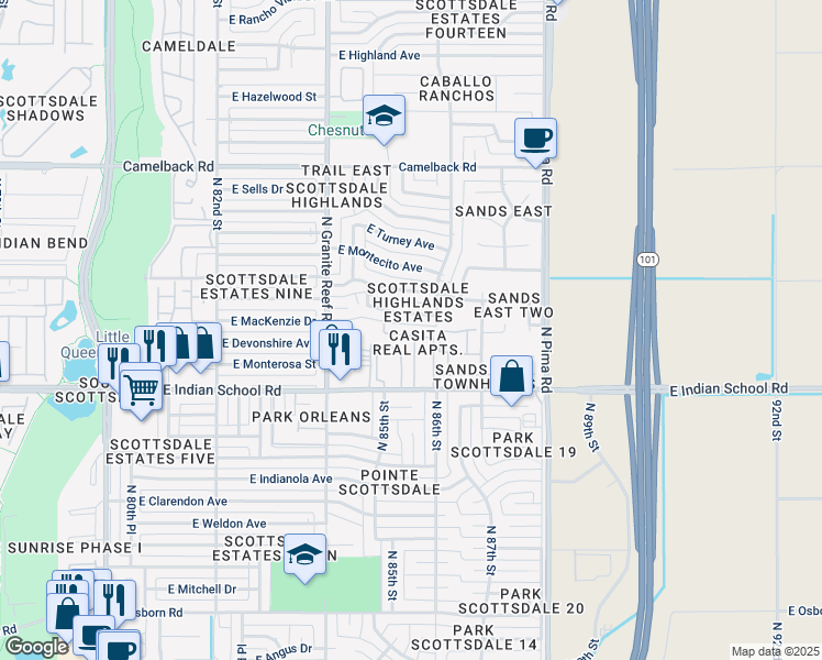 map of restaurants, bars, coffee shops, grocery stores, and more near 8558 East Indian School Road in Scottsdale