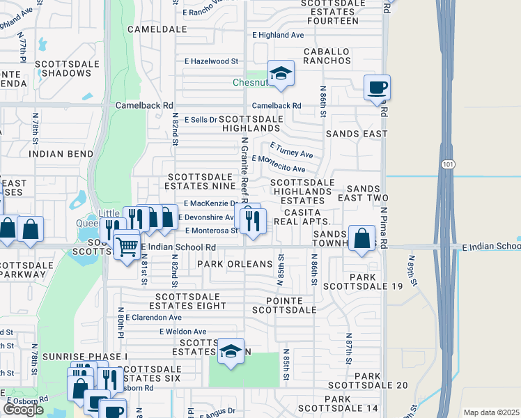 map of restaurants, bars, coffee shops, grocery stores, and more near 8346 East Devonshire Avenue in Scottsdale