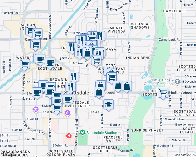 map of restaurants, bars, coffee shops, grocery stores, and more near 4140 North Miller Road in Scottsdale