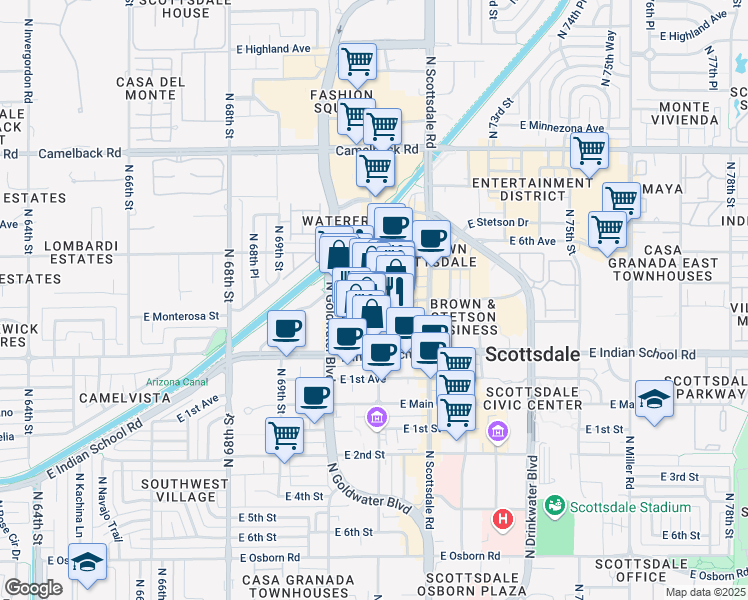map of restaurants, bars, coffee shops, grocery stores, and more near 7070 East 3rd Avenue in Scottsdale