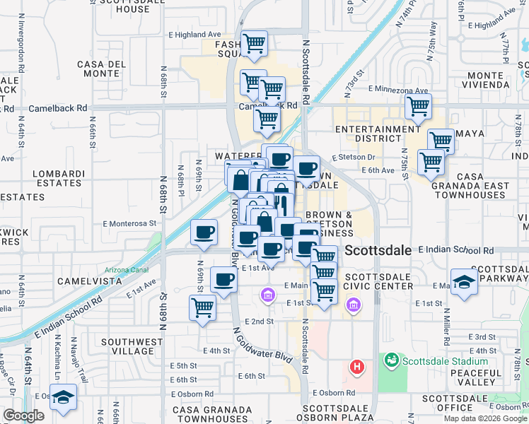 map of restaurants, bars, coffee shops, grocery stores, and more near 7070 East 3rd Avenue in Scottsdale