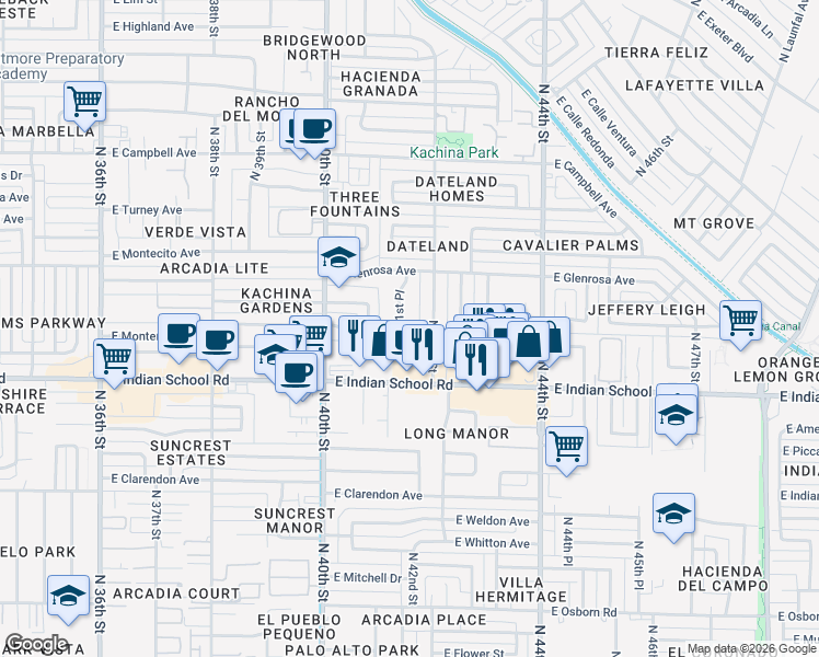 map of restaurants, bars, coffee shops, grocery stores, and more near 4140 North 42nd Street in Phoenix
