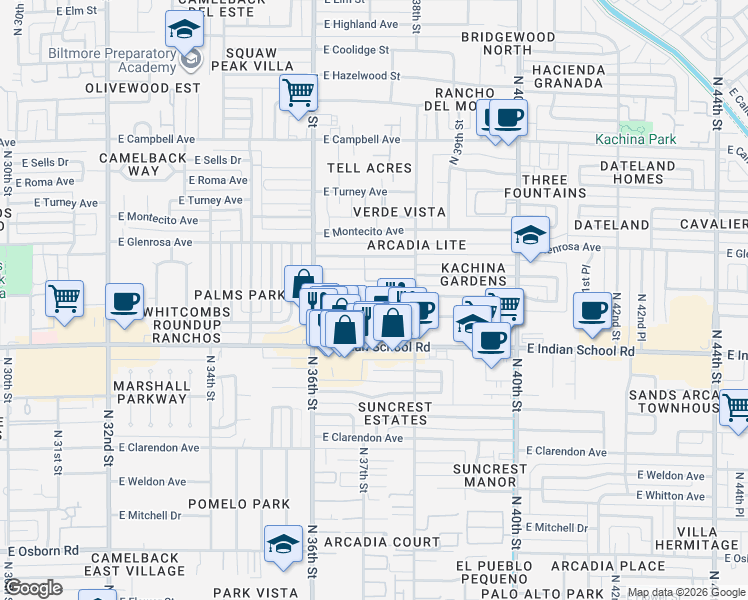 map of restaurants, bars, coffee shops, grocery stores, and more near 3637 East Monterosa Street in Phoenix