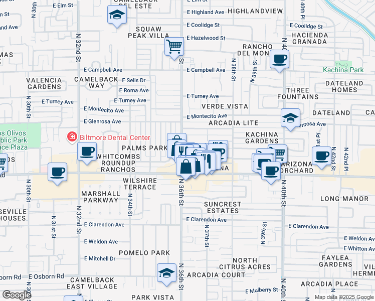 map of restaurants, bars, coffee shops, grocery stores, and more near 4131 North 36th Street in Phoenix