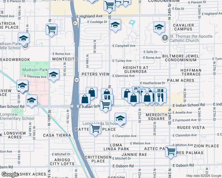 map of restaurants, bars, coffee shops, grocery stores, and more near 4144 North 21st Street in Phoenix
