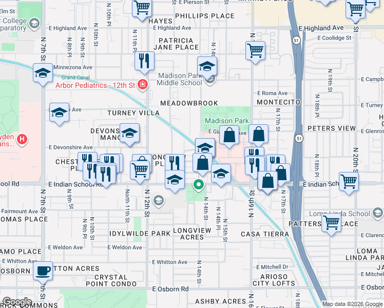 map of restaurants, bars, coffee shops, grocery stores, and more near 1302 East Devonshire Avenue in Phoenix