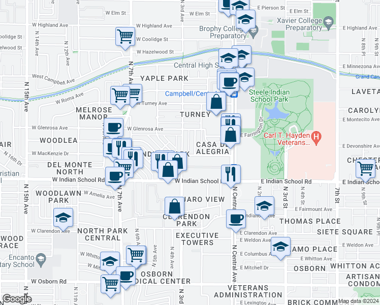 map of restaurants, bars, coffee shops, grocery stores, and more near 216 West Monterosa Street in Phoenix
