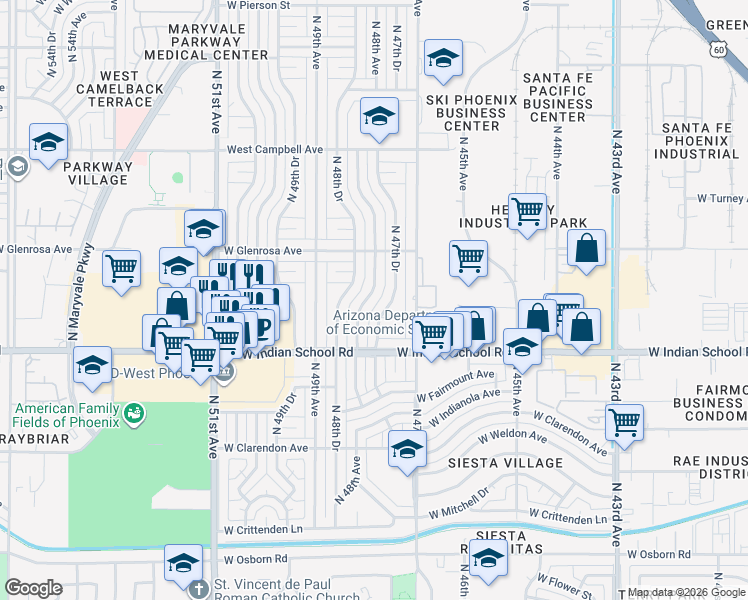 map of restaurants, bars, coffee shops, grocery stores, and more near 4141 North 48th Avenue in Phoenix