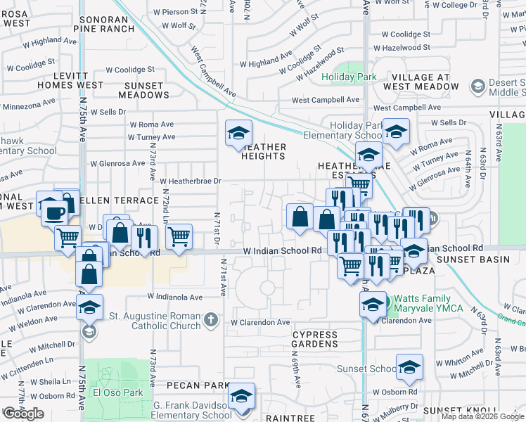 map of restaurants, bars, coffee shops, grocery stores, and more near 6935 West Devonshire Avenue in Phoenix