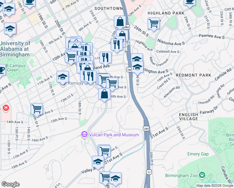 map of restaurants, bars, coffee shops, grocery stores, and more near 2124 16th Avenue South in Birmingham