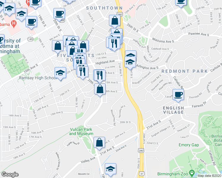 map of restaurants, bars, coffee shops, grocery stores, and more near 2124 16th Avenue South in Birmingham