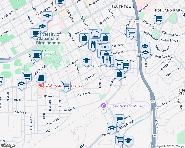 map of restaurants, bars, coffee shops, grocery stores, and more near 1724 14th Avenue South in Birmingham