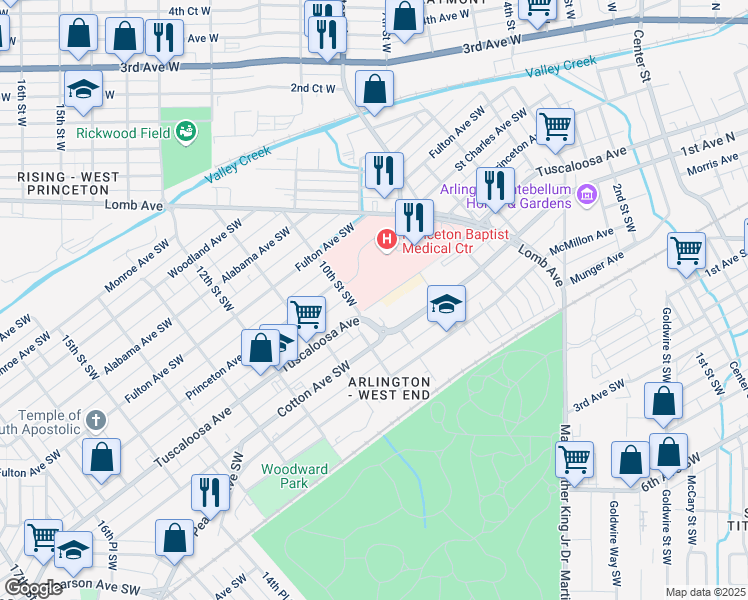 map of restaurants, bars, coffee shops, grocery stores, and more near 628 10th Street Southwest in Birmingham