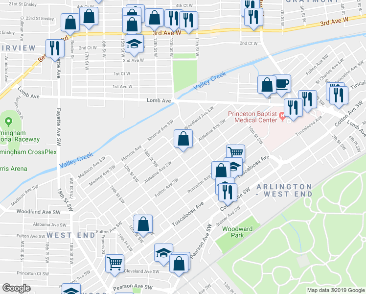 map of restaurants, bars, coffee shops, grocery stores, and more near 331 13th Street Southwest in Birmingham