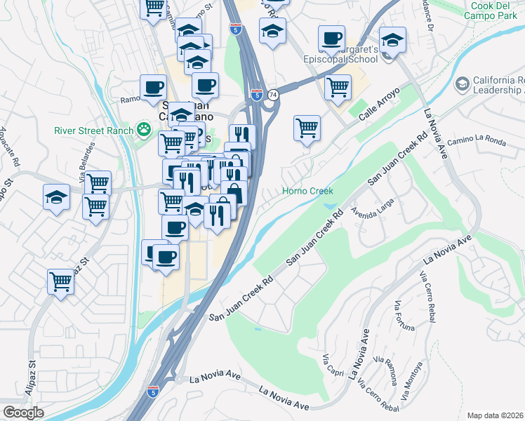 map of restaurants, bars, coffee shops, grocery stores, and more near San Juan Creek Trail in San Juan Capistrano