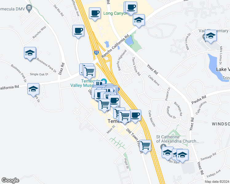 map of restaurants, bars, coffee shops, grocery stores, and more near 41830 6th Street in Temecula