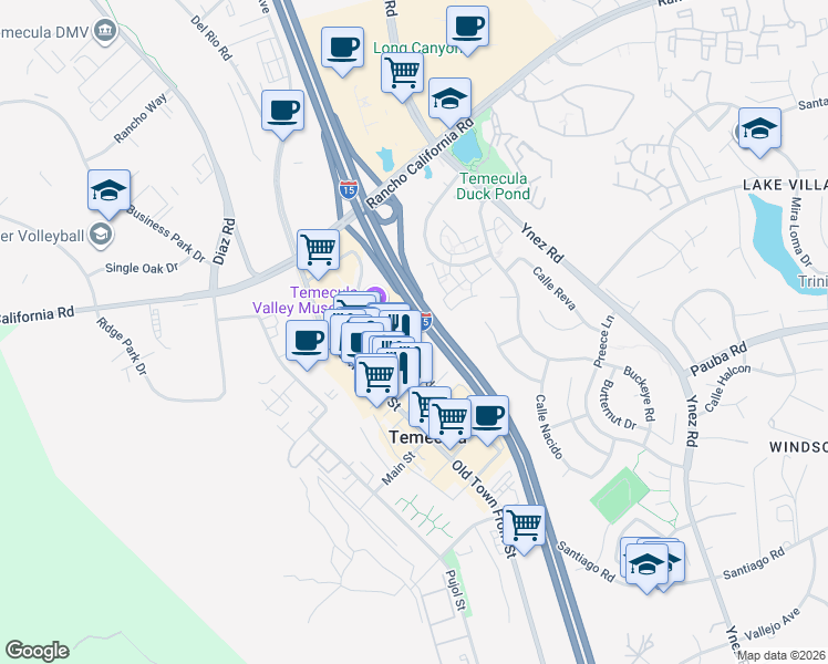 map of restaurants, bars, coffee shops, grocery stores, and more near 41874 6th Street in Temecula