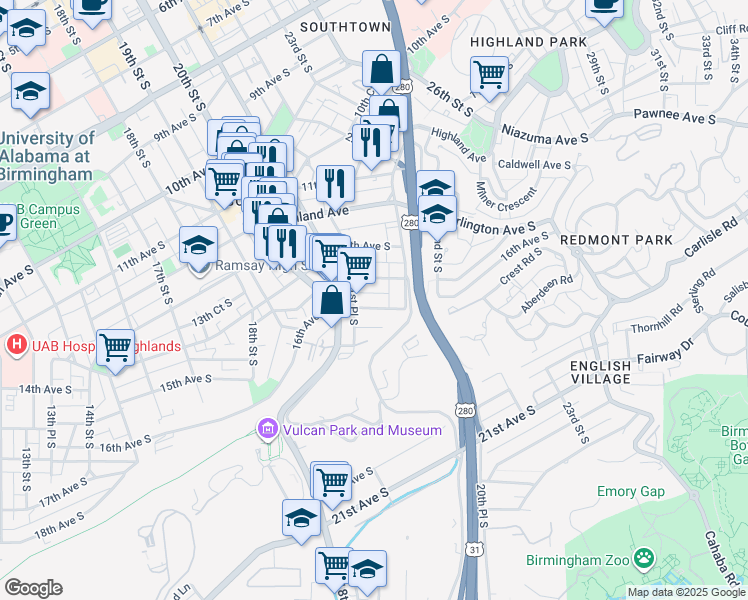 map of restaurants, bars, coffee shops, grocery stores, and more near 2136 16th Avenue South in Birmingham