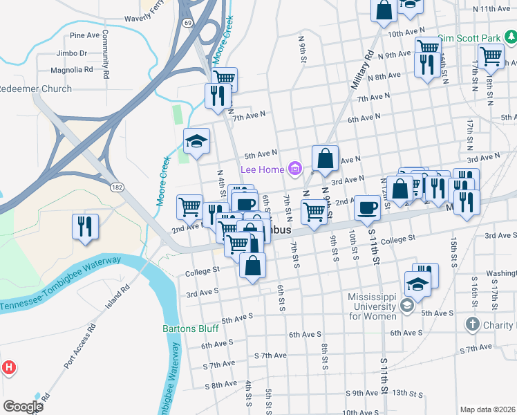 map of restaurants, bars, coffee shops, grocery stores, and more near 505 2nd Avenue North in Columbus